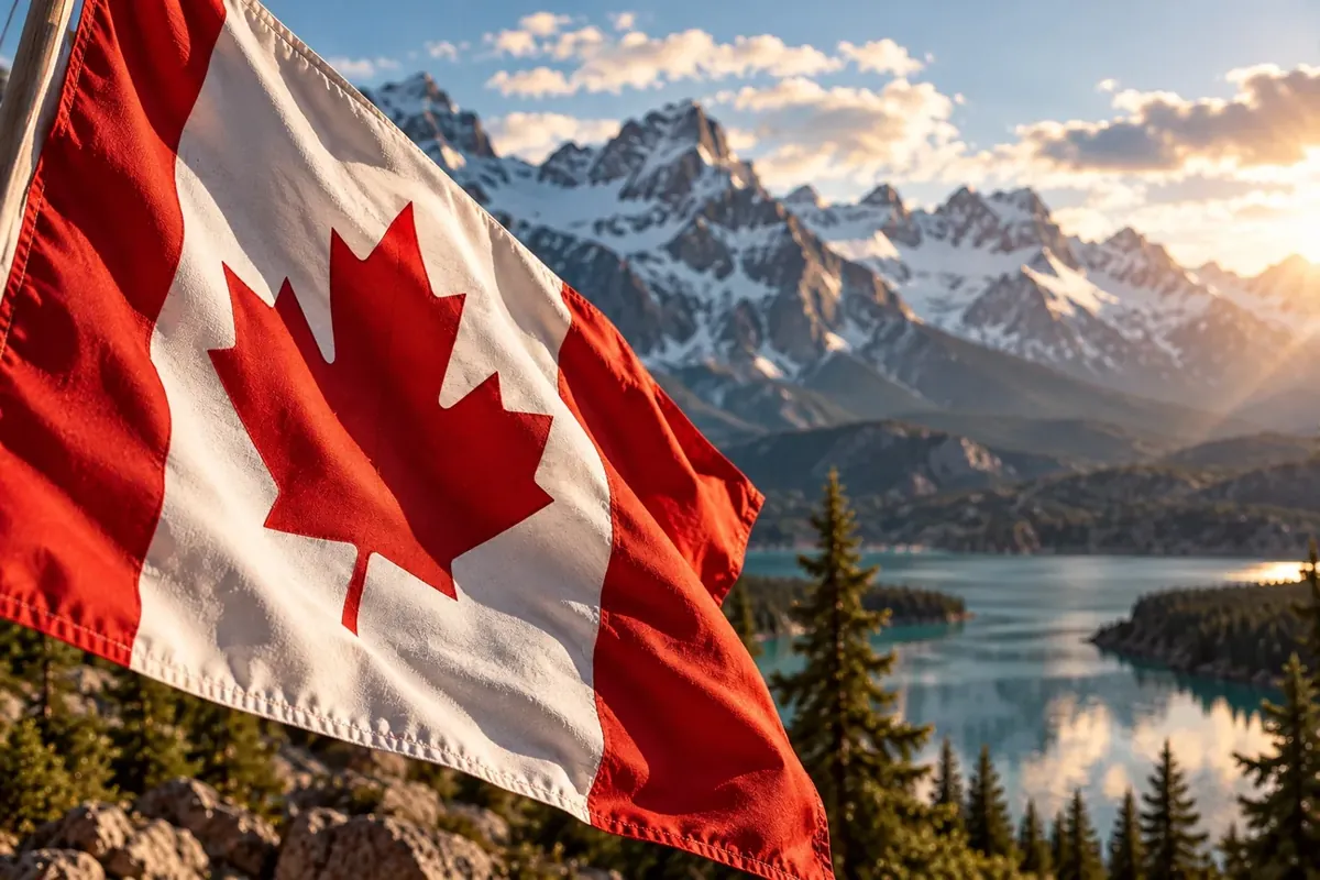 Canadian flag overlooking a mountain lake in the Canadian Rockies